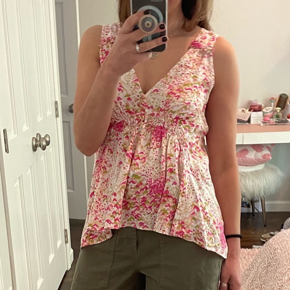 Anthropologie Floral Pink and Green Sleeveless V-Neck Top